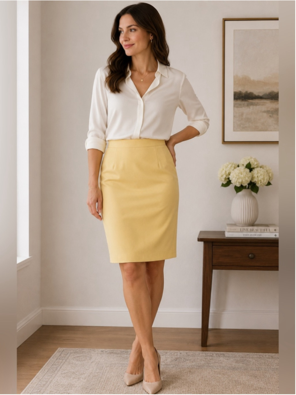 Jax Butter Yellow 100% Virgin Wool Pencil Skirt Size 12 Vintage Preppy Classic